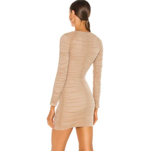 Michael Costello x REVOLVE Franky Mini Dress Mesh Ruched Long Sleeve, Taupe - Picture 3 of 14